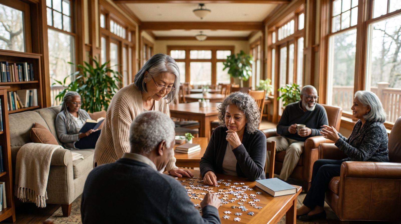 Residents reading, doing a jigsaw puzzle and chatting in a bright, wood-trimmed lounge