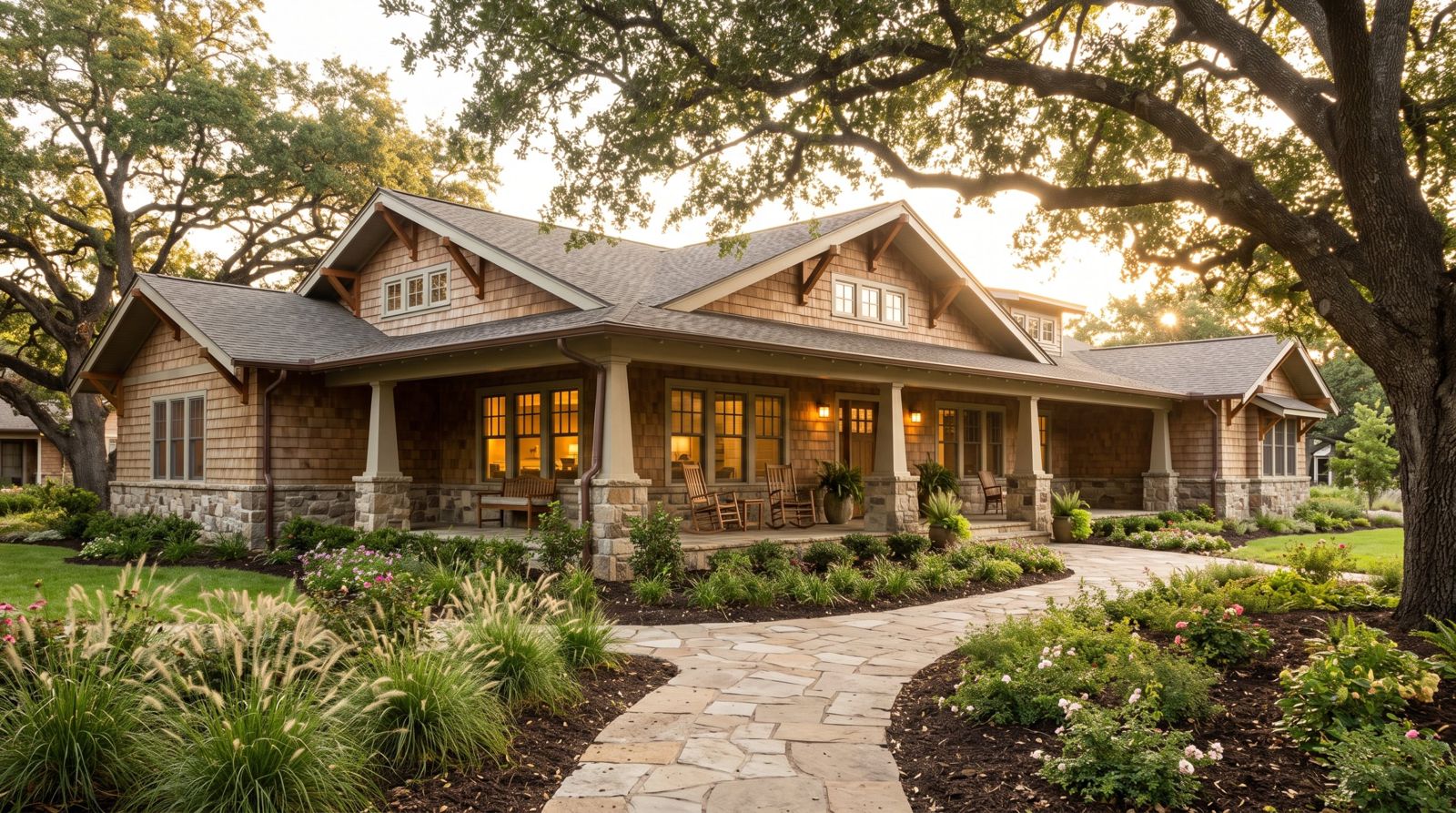 A single-story craftsman-style senior living community with a covered porch, oak trees and a stone garden path at sunset