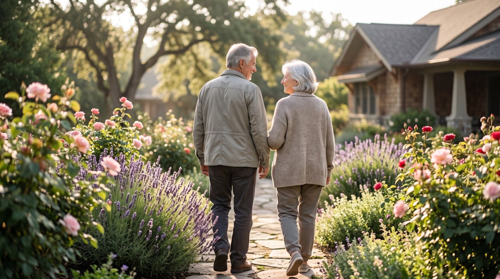 An older couple walking arm in arm along a stone path through a rose and lavender garden
